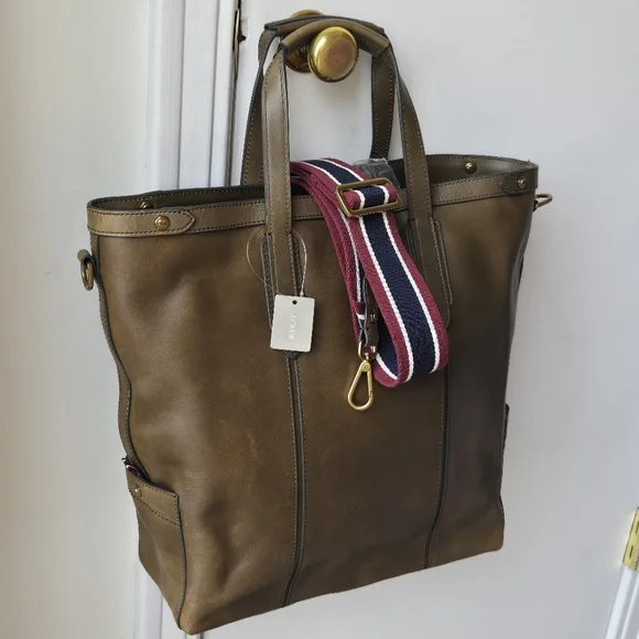 NWT J. Crew Oar Leather Tote Bag Mens Olive Green/Brown - Picture 6 of 16